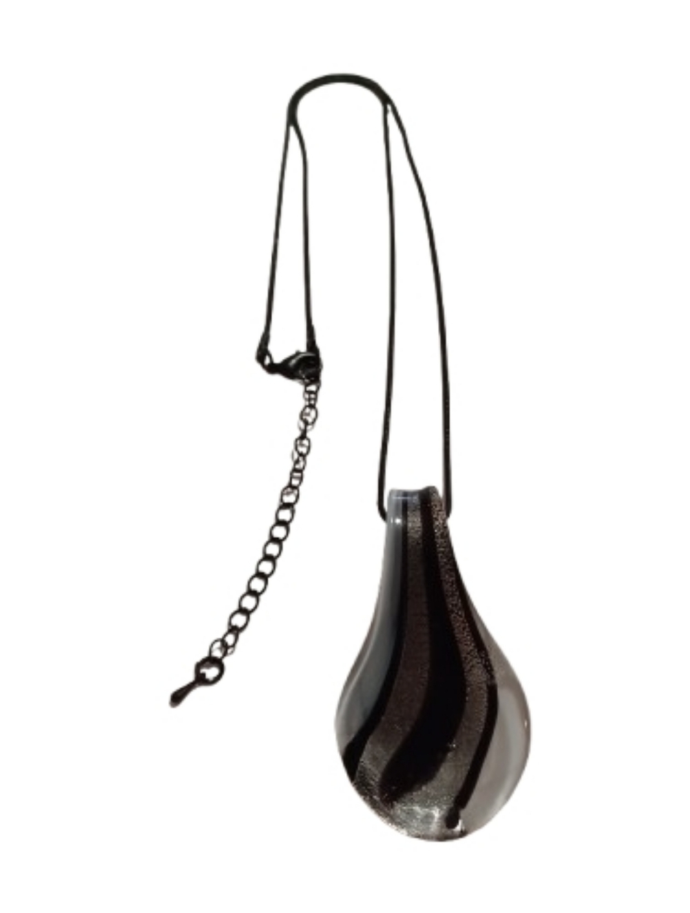 Artisan Handblown Glass Teardrop Pendant Necklace - Black & Silver Swirl